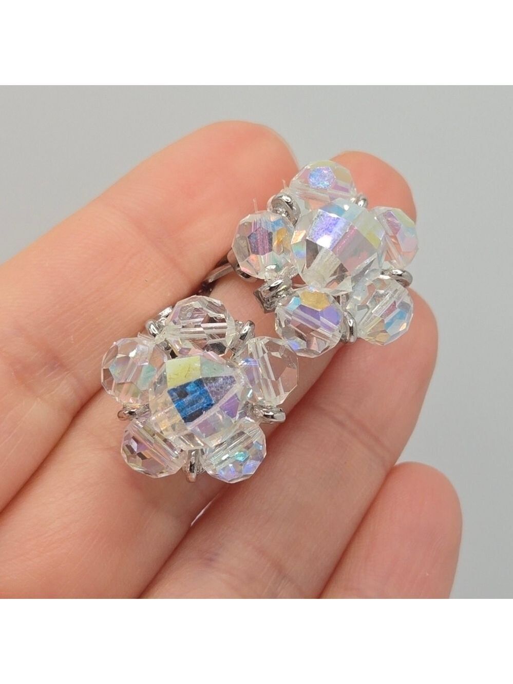 Aurora Borealis AB Handmade Beaded Flower Earrings Vintage Clip On - Picture 8 of 10